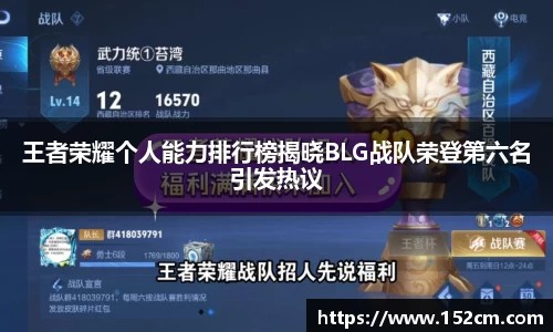 王者荣耀个人能力排行榜揭晓BLG战队荣登第六名引发热议